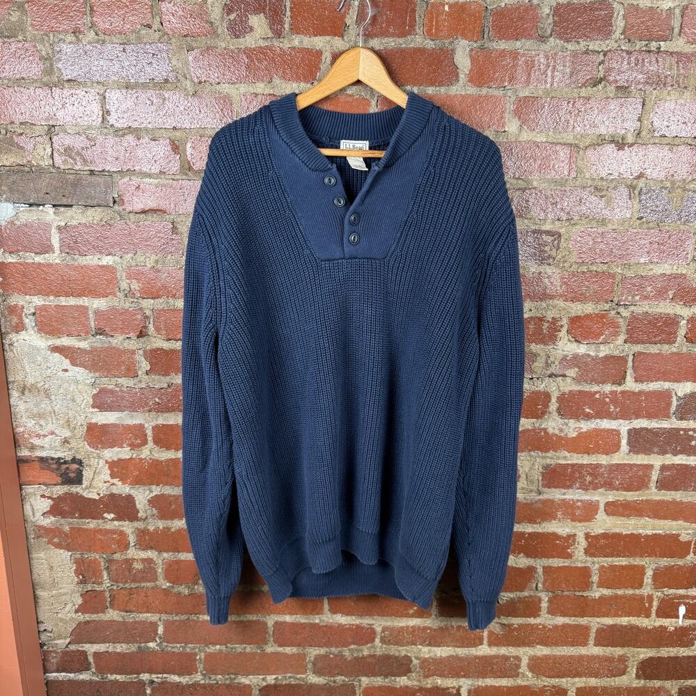 Vintage LL Bean Sweater Mens XL Blue Cotton Waffle Knit Henley Button Crewneck